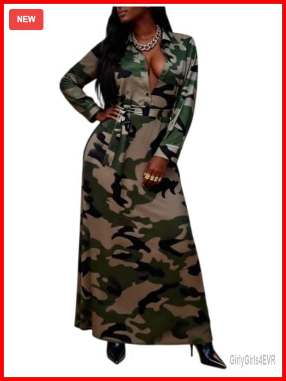 LROSEY Women's Camo Maxi Dress Long Sleeve Fit and Flare Casual
